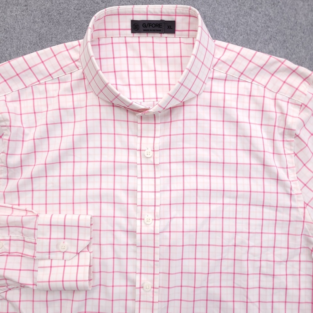 G Fore Shirt Mens XL Pink White Check Performance Golf Skull Crossbone Button Up